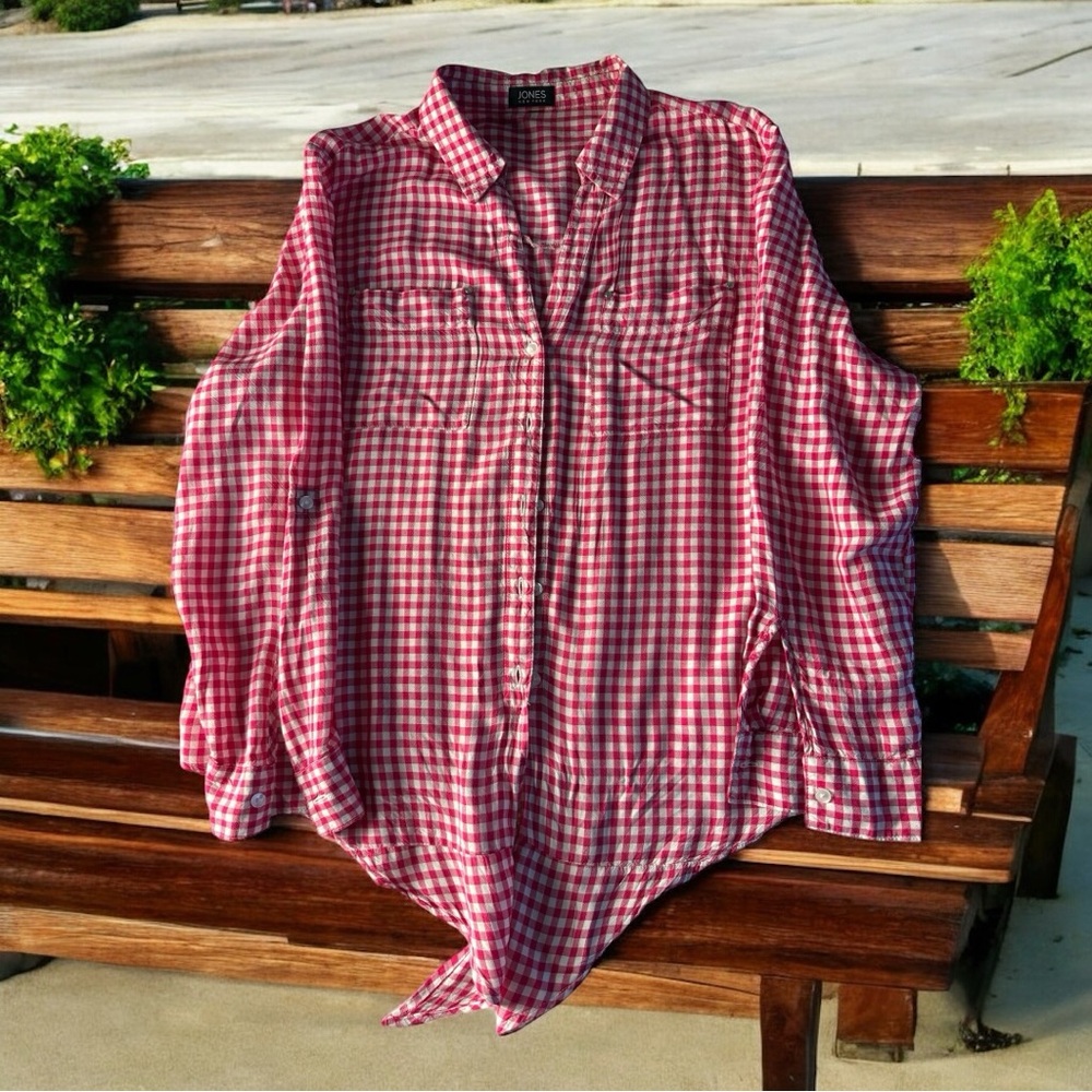 Jones New York Red and White Barbie core Checkered Button-Up Shirt SZ XL
